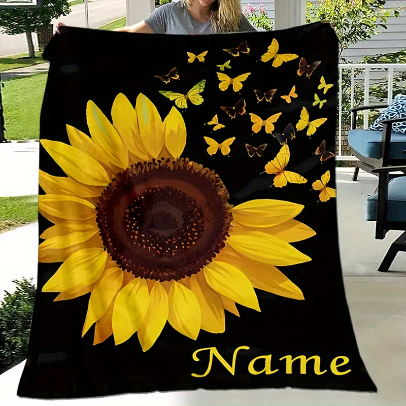 Personalized Sunflower and Butterfly Print Flannel Blanket Soft Warm Machine Washable All-Season