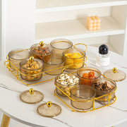 Elegant Plastic Snack Serving Set with Lids on Gold Tray for Dried Fruits and Candies