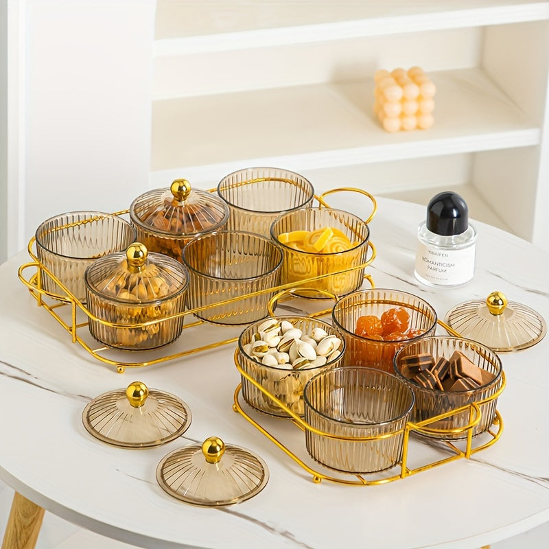 Elegant Plastic Snack Serving Set with Lids on Gold Tray for Dried Fruits and Candies