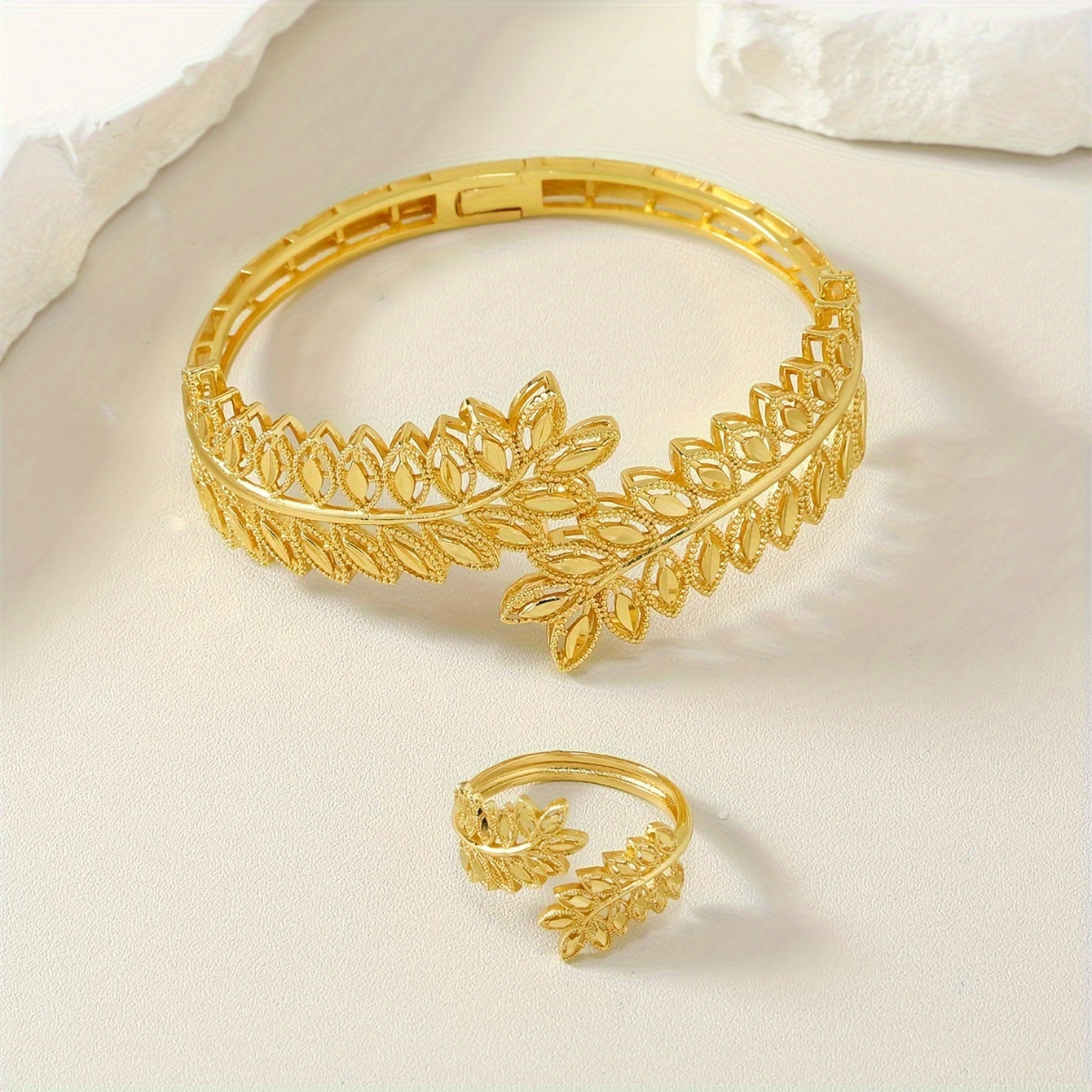 Gold Plated Leaf Jewelry Set for Weddings and Ramadan with Bracelet and Ring