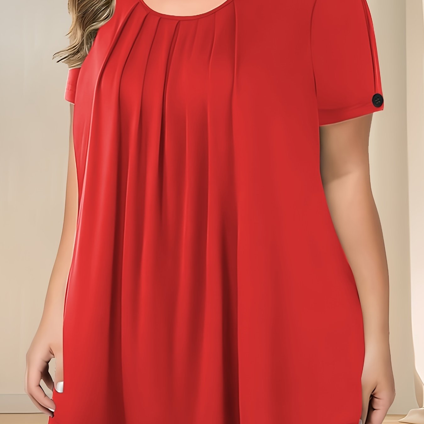 Camiseta de mujer de talla grande con pliegues y botones, verano casual de color sólido con cuello redondo