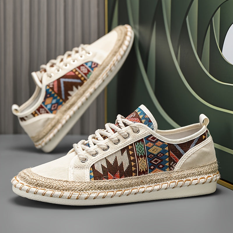 Men's Bohemian Canvas Espadrille Sneakers with Embroidered Vintage Design