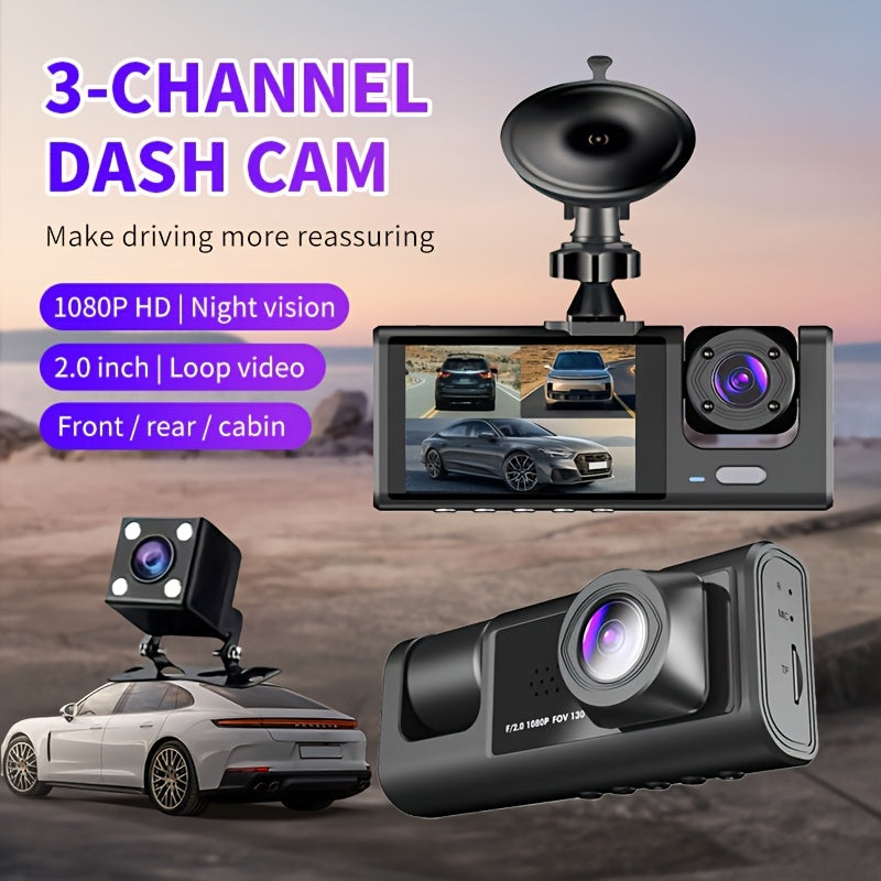 3-Channel Dash Cam with IR Night Vision 1080P HD Front Rear Loop Playback Wide Angle Display