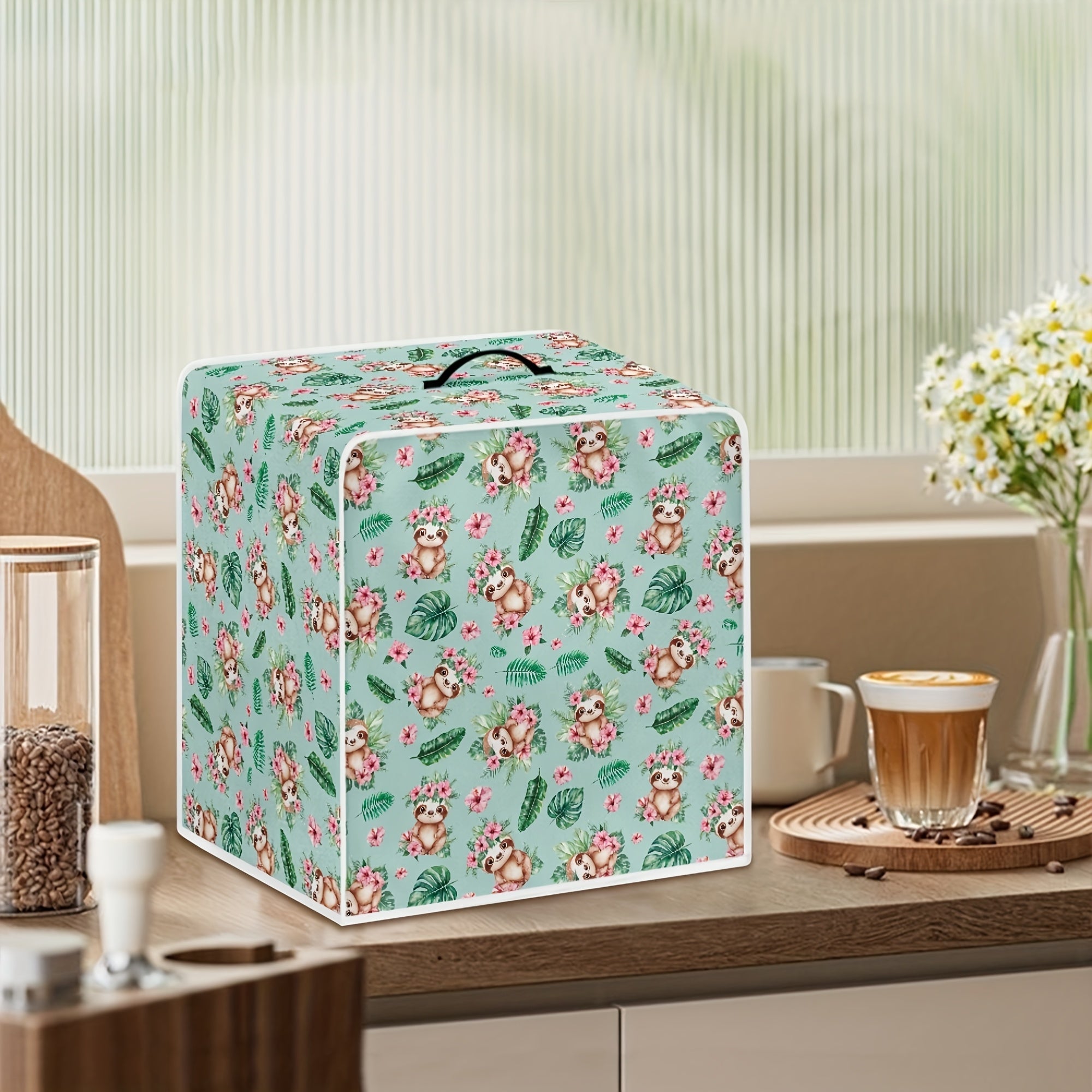 Washable Coffee Machine Cover with Sloth and Butterfly Design Soft Fabric Dust Protector for Small Kitchen Appliances