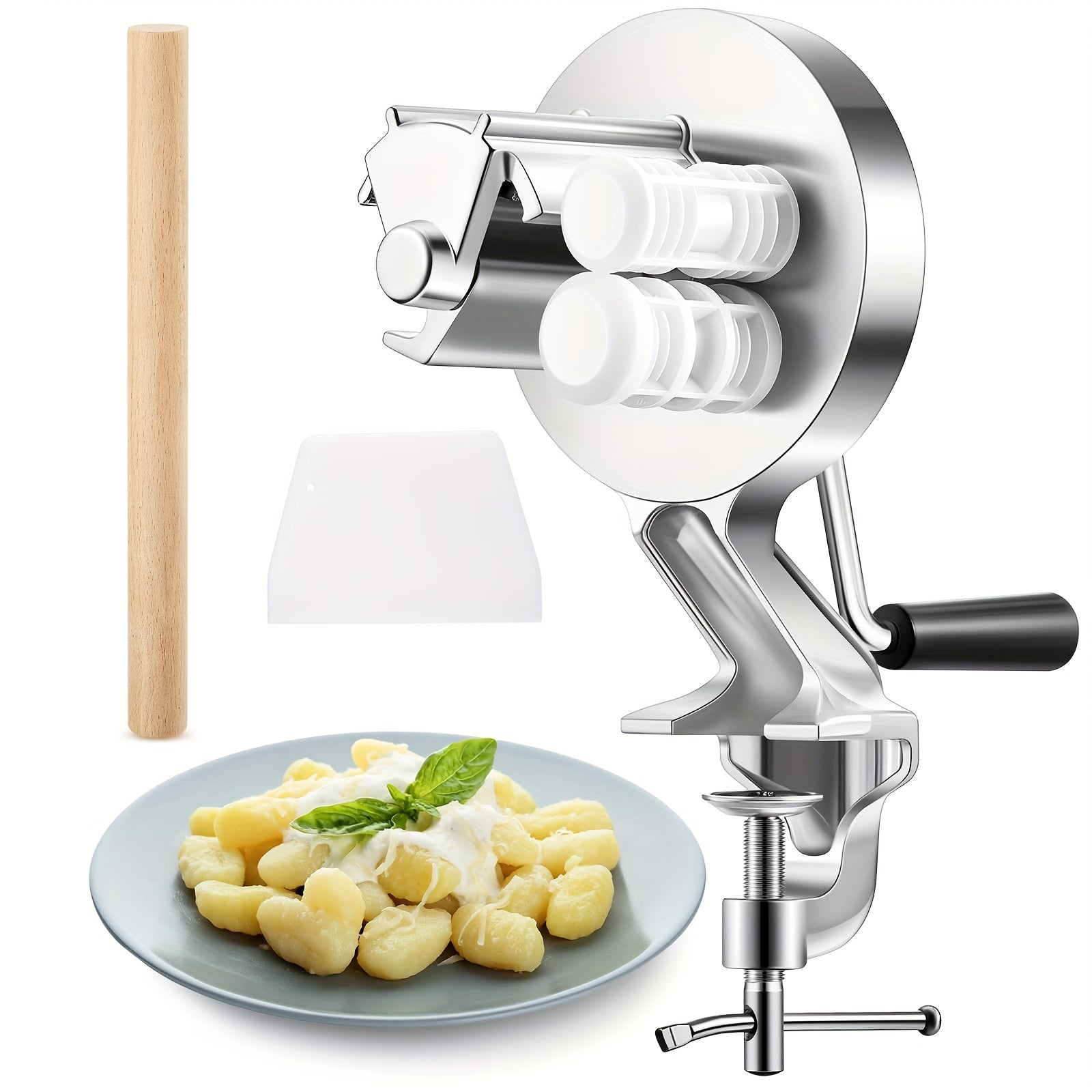 Metal Seashell Pasta Maker Set with Dough Scraper and Wooden Rolling Pin