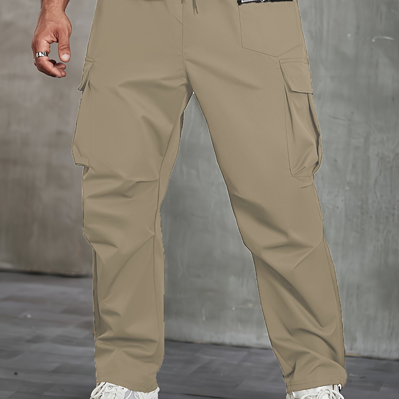 Men's Plus Size Cargo Pants Non-Stretch Polyester Zipper Pockets Drawstring Regular Fit All-Season