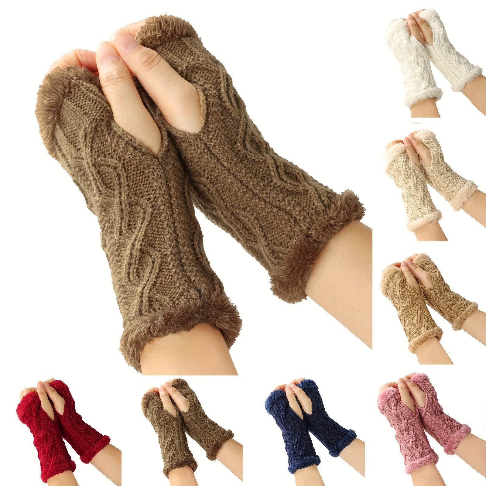 Solid Color Twist Knit Fingerless Gloves with Velvet Lining for Winter Warmth