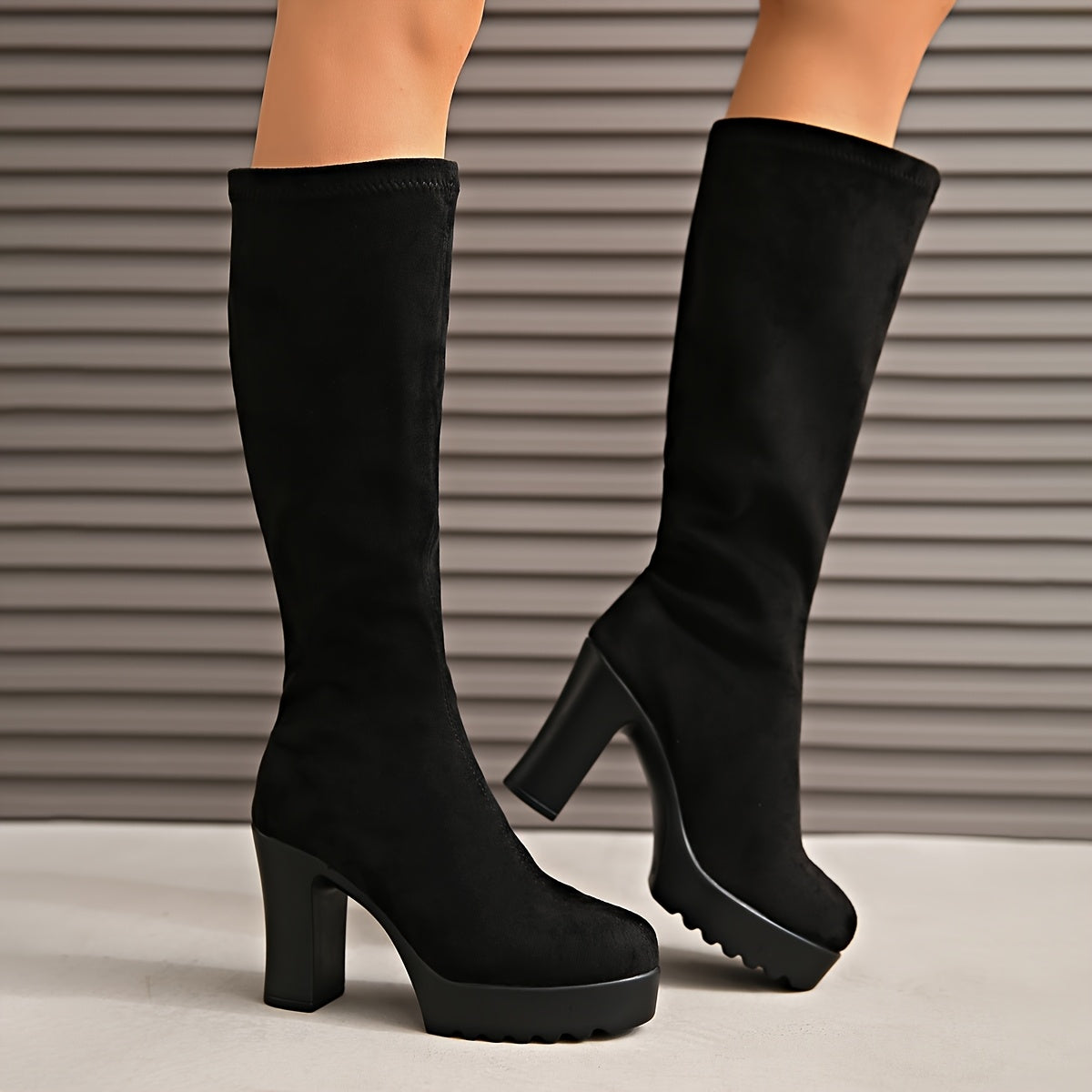 Women's Mid-Calf Chunky Heel Boots Solid Color All-Season Dress Shoes