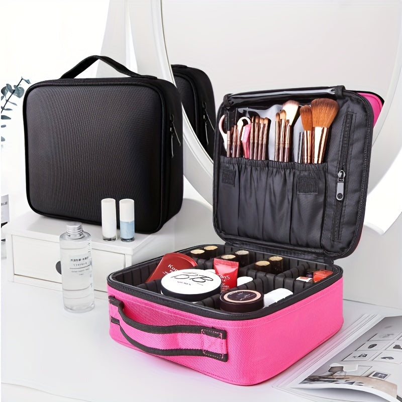 Black Waterproof Makeup Organizer Bag with Adjustable Dividers for Travel