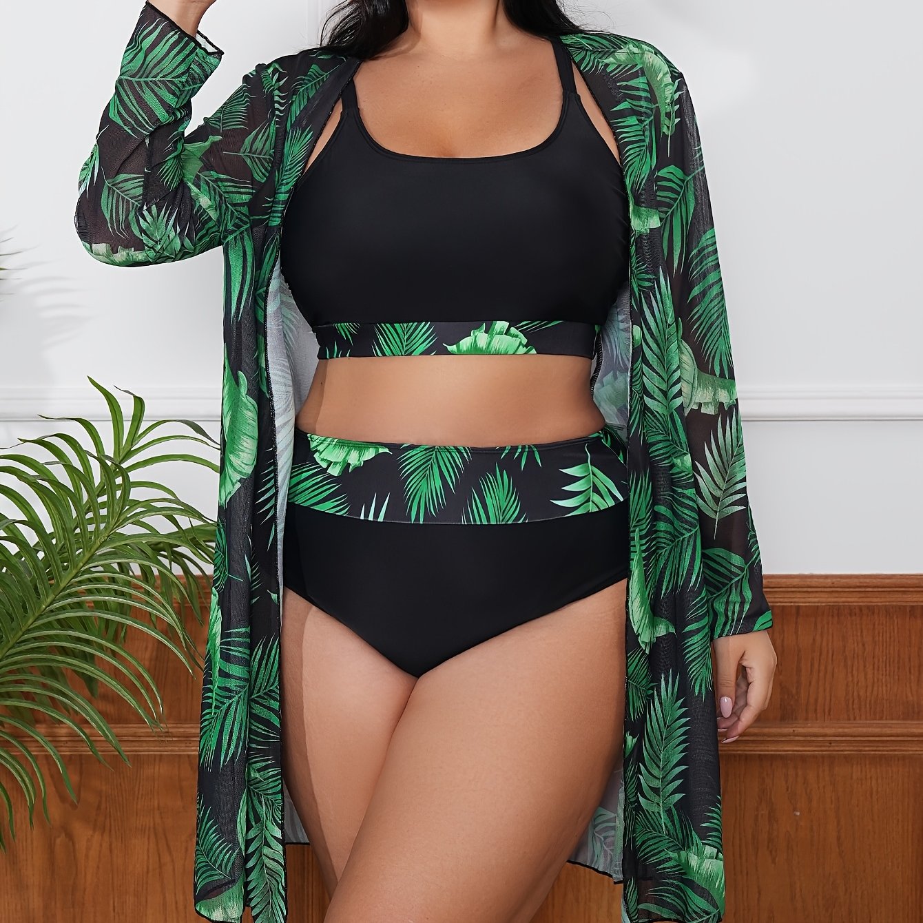 Katta o'lchamdagi ayollar uchun tropik bosma uzun qoʻlqopli qopqogʻi, rang blokli detall bilan