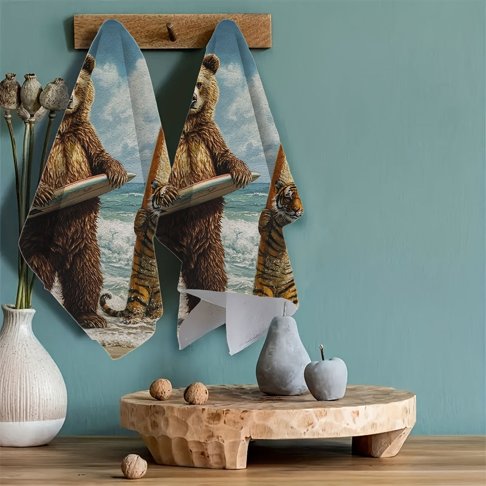 2 Ultra Soft Kitchen Towels Surfer Bear Tiger Designs 16x24 Inches Absorbent