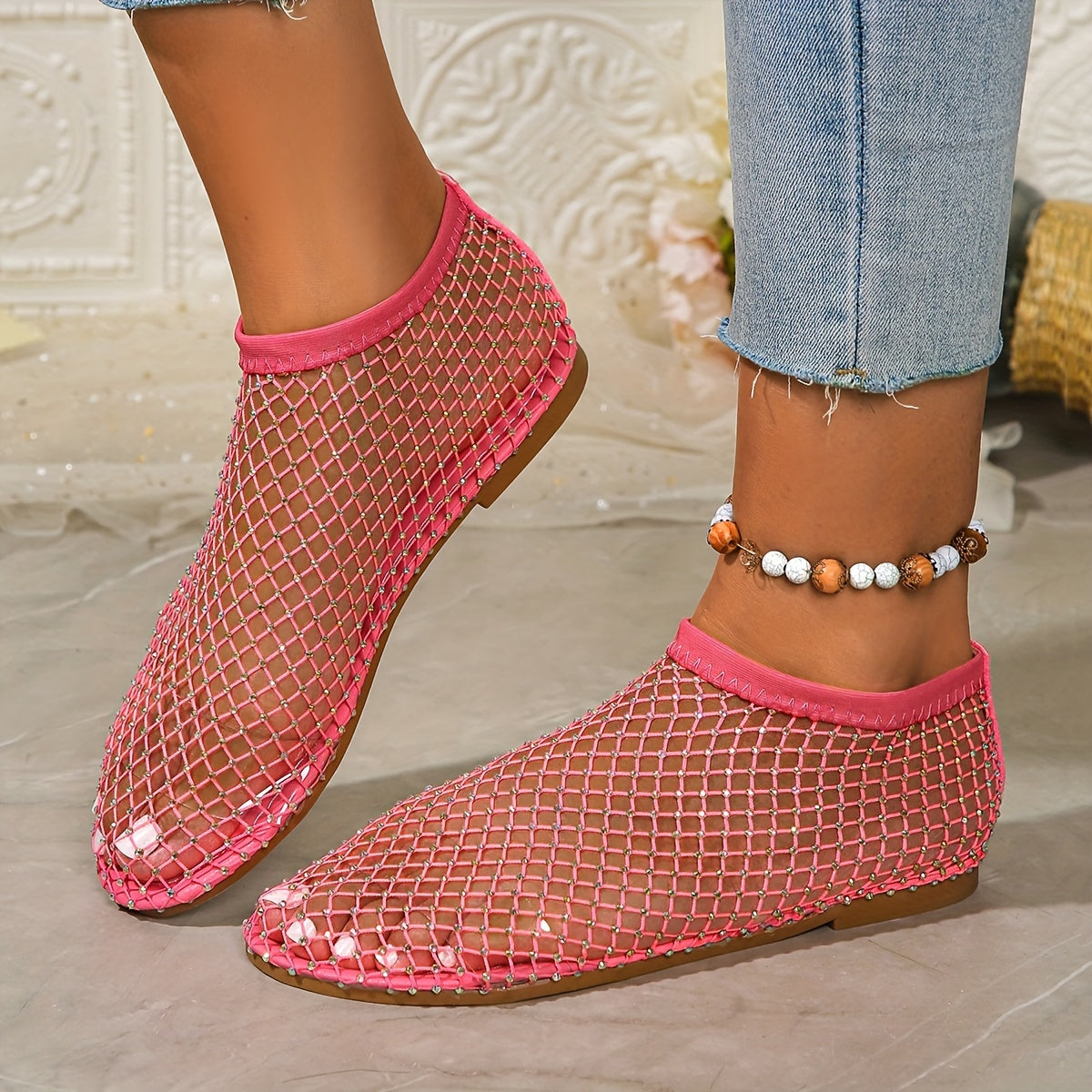 Women's Mesh Rhinestone Flat Sandals with Elastic Band and Cut-Out Design