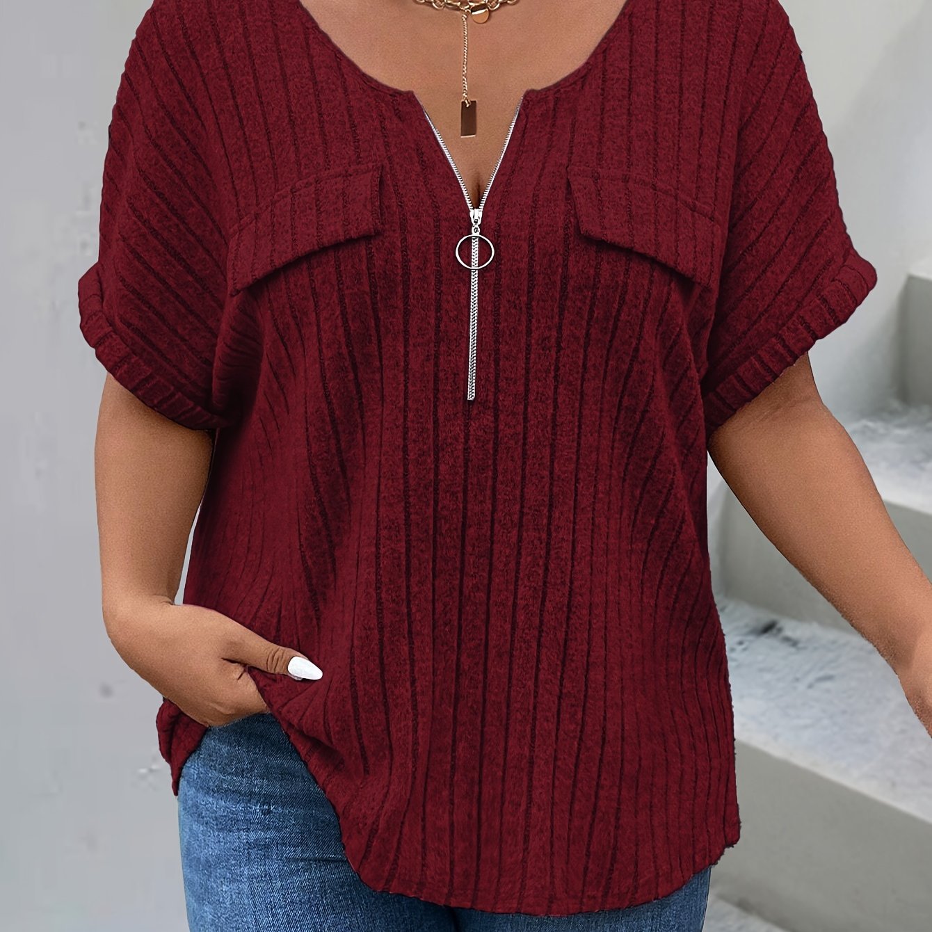 Women's Maroon Ribbed T-Shirt with Zip Pocket Casual Loose Fit Polyester Spandex Plus Size