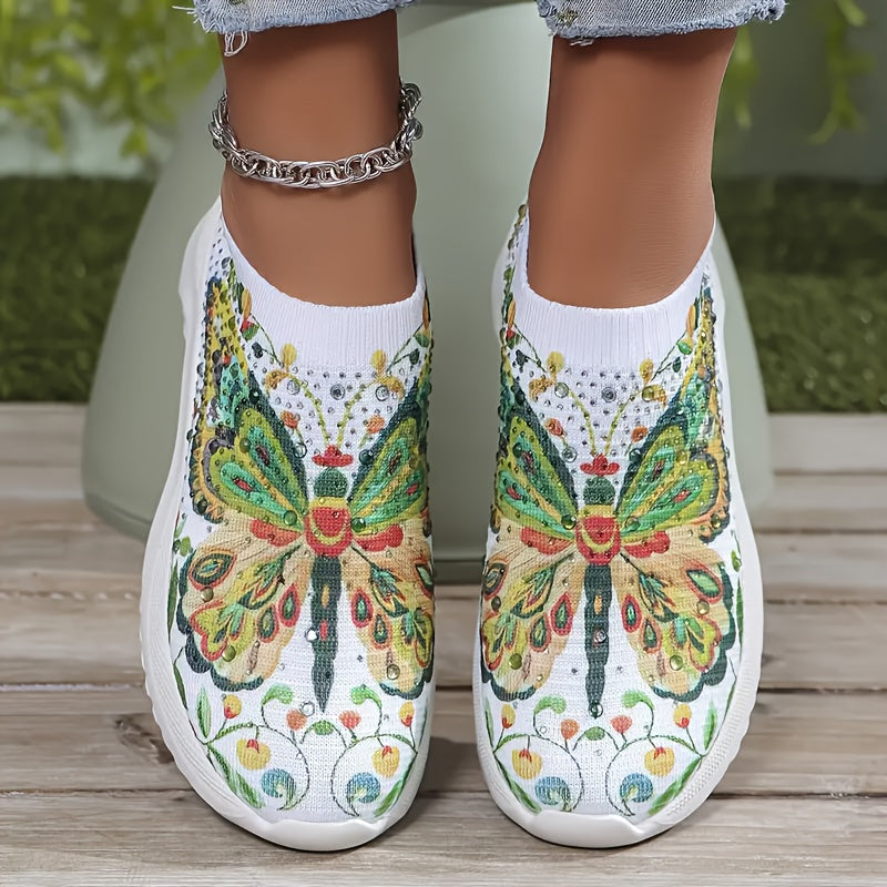 Plus-Size Women's Butterfly Slip-On Sneakers Lightweight Breathable Rhinestone