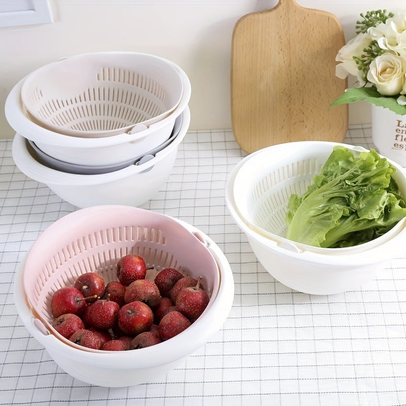 Single piece colander with two-tiered draining basket rotating plastic strainer reusable washing basket for kitchen