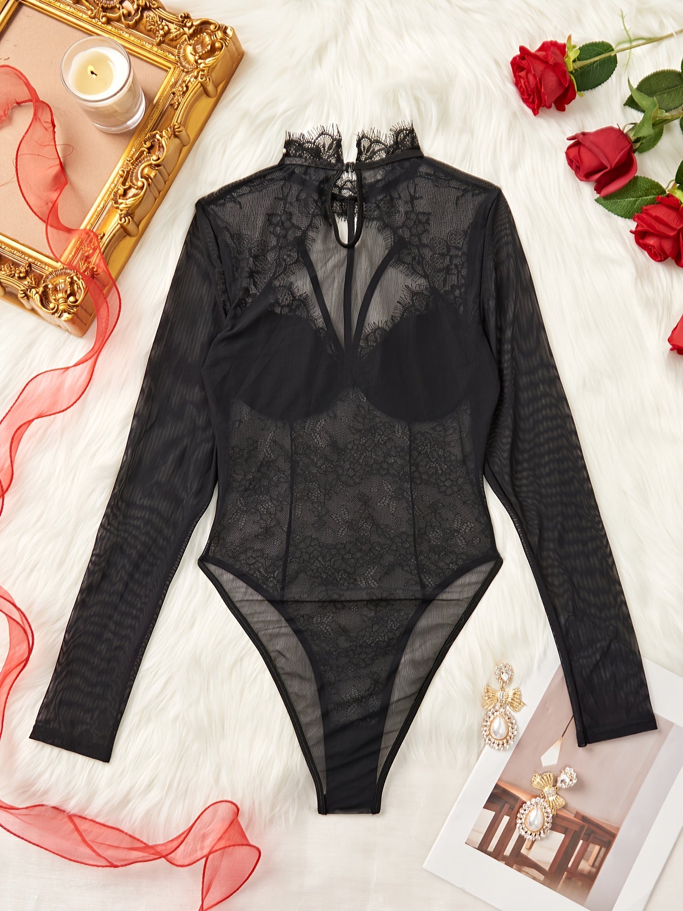 Women's Long Sleeve Mesh Teddy Lingerie with Lace Trim