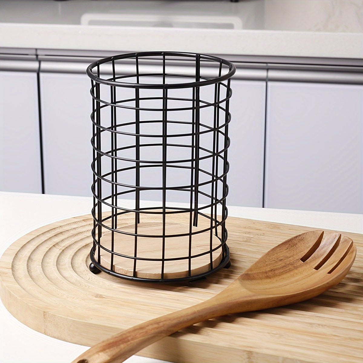Kitchen Utensil Holder with Wooden Base for Countertop Storage and Drainage