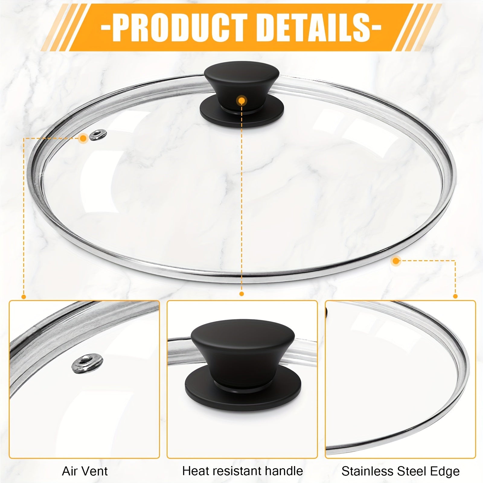 Universal Tempered Glass Lid for Frying Pan Skillet Cast Iron Pot 25.4cm 30.99cm 33.02cm 36.83cm