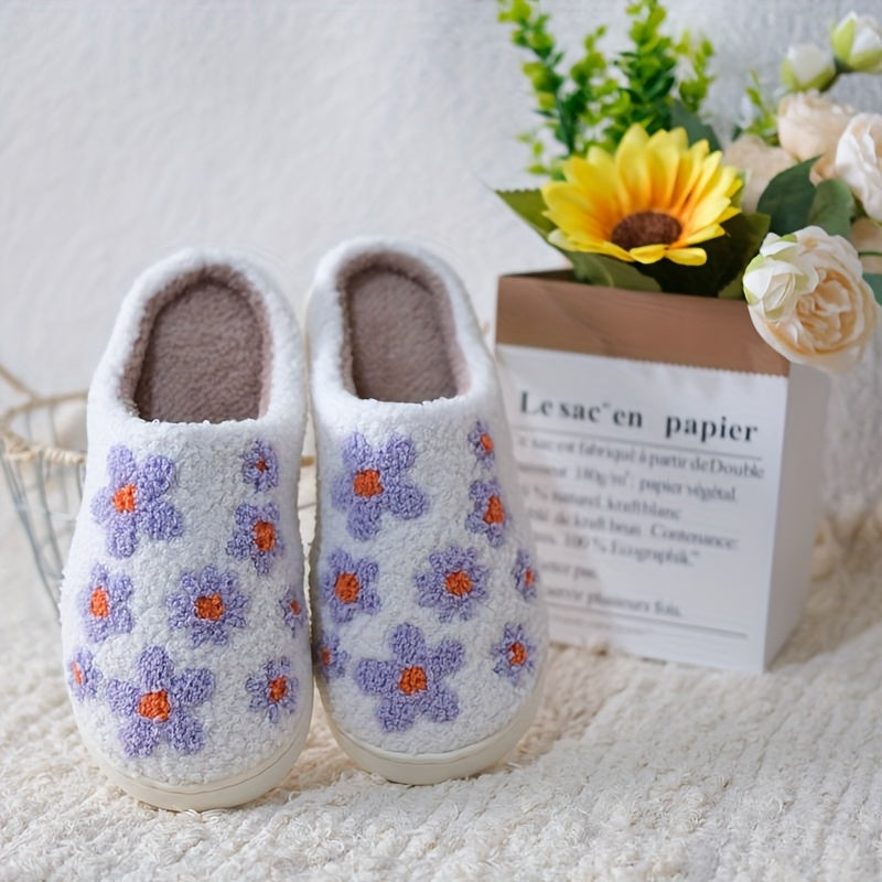 Unisex Plush Lilac Floral Slippers Warm Indoor House Shoes