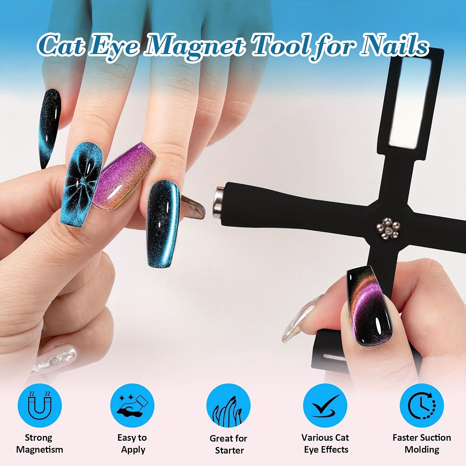 5-in-1 Cat Eye Magnet for Nails Multi-Function Nail Art Tool with Mirror Effect and Gradient Blue Accessories