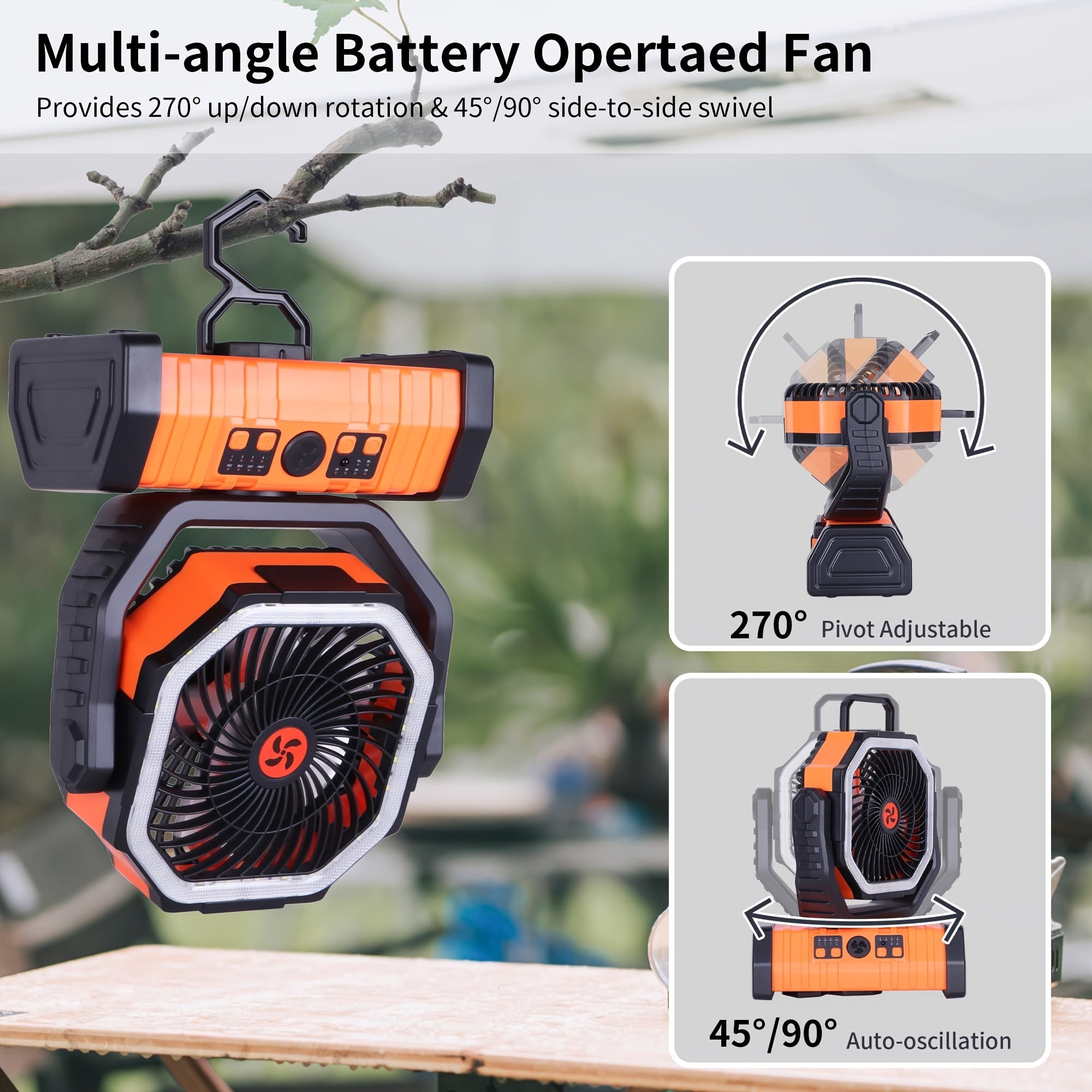 Portable Camping Fan with LED Light and 20000mAh Battery, 4-Speed, Rechargeable USB, Hexagonal Design, Orange and Black