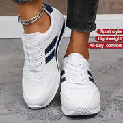 Women's White Synthetic Low-Top Lace-Up Sneakers with Green Navy Stripes