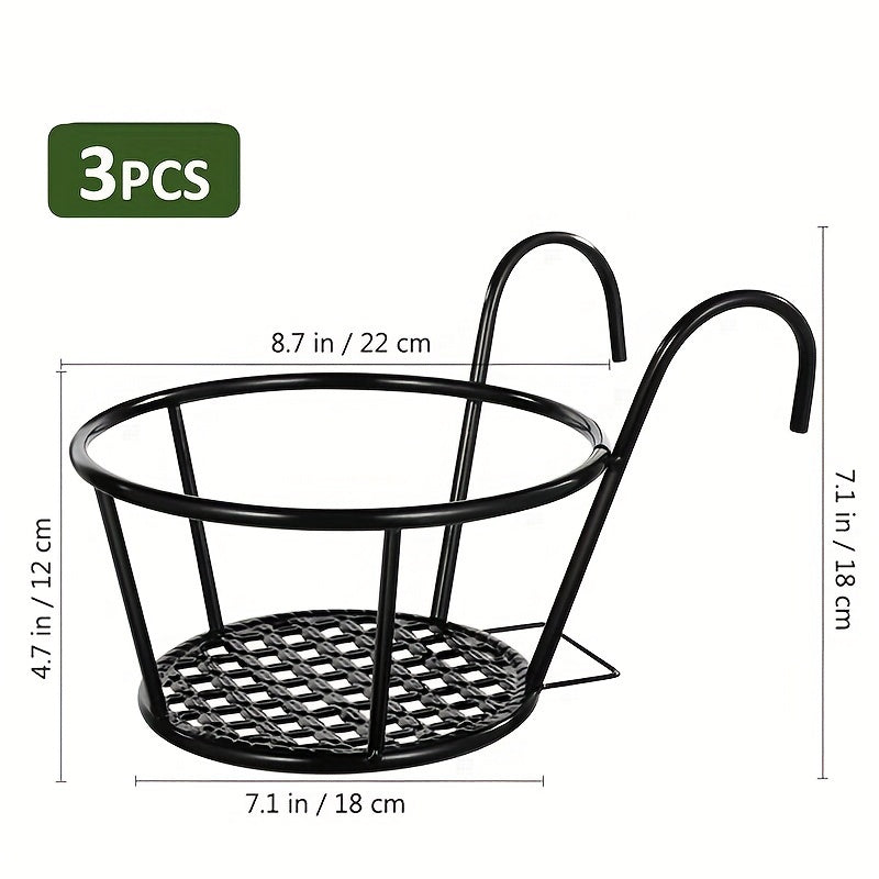 Set of 3 Black Iron Hanging Flower Pots with Hooks for Balcony Fence Wall