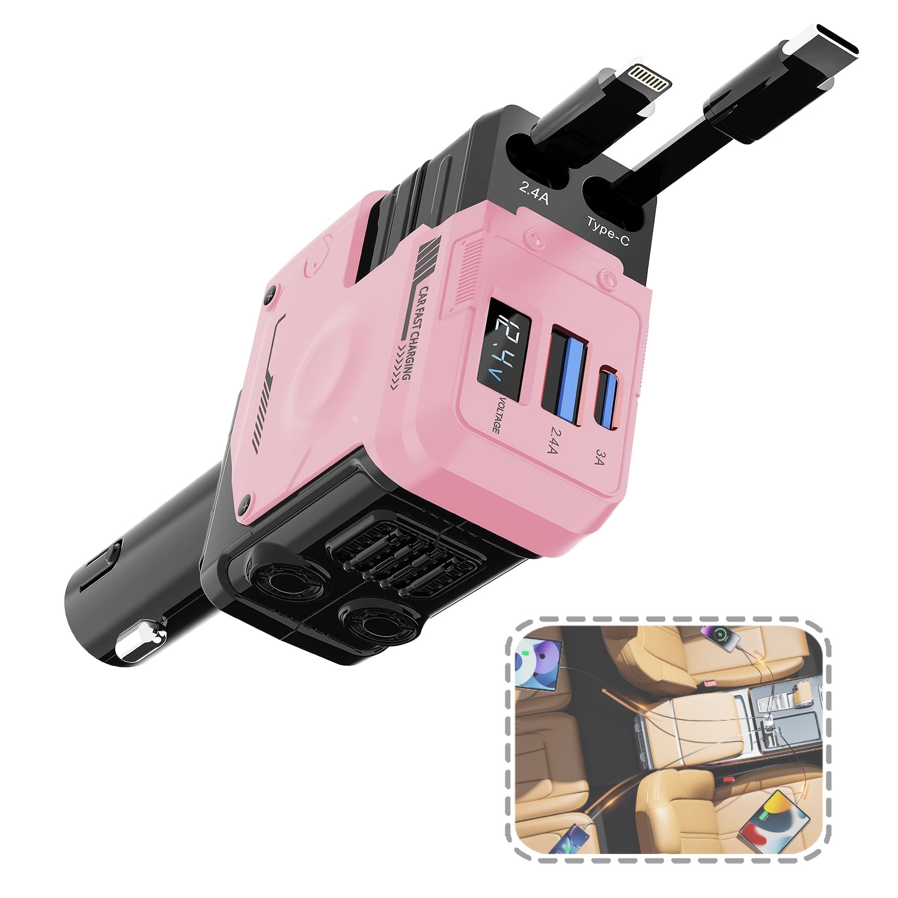 4-в-1 выдвижное автомобильное зарядное устройство с вращением на 180° и портом USB-C