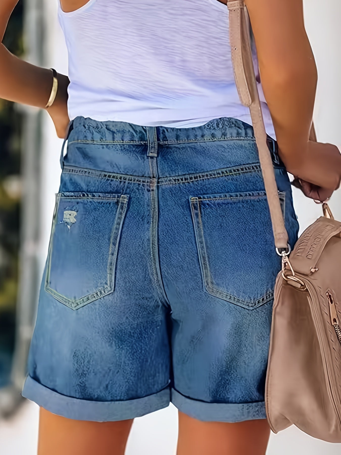 Plus-Size Women's Denim Shorts Ripped Curled Hem Blue Slim-Fit
