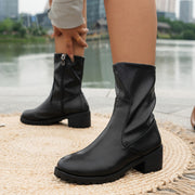 Women's Leather Ankle Boots High Heels Casual Side Zip Chunky Heel