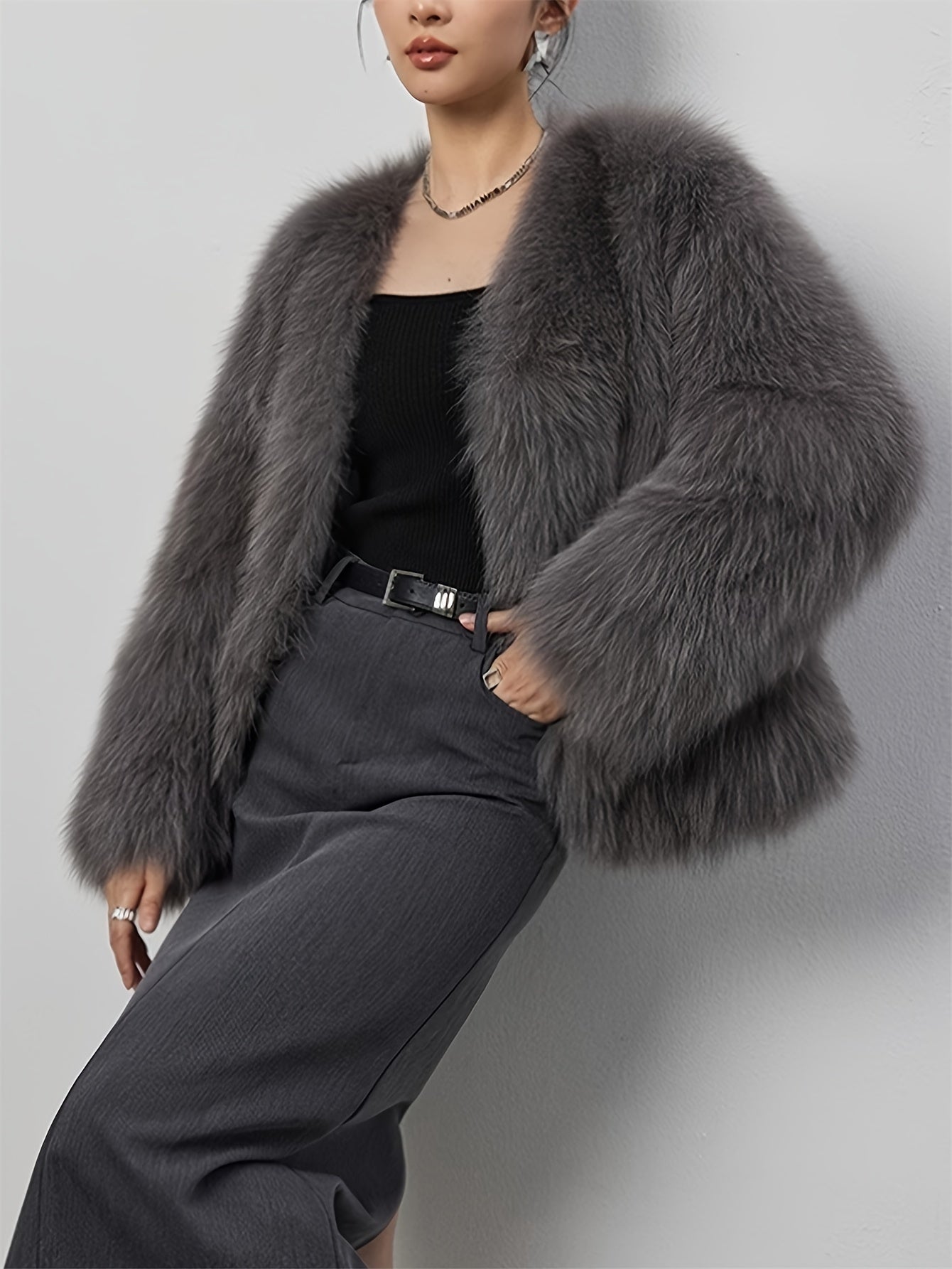 Women's Light Gray Faux Fur Coat with Fluffy Collar for Winter