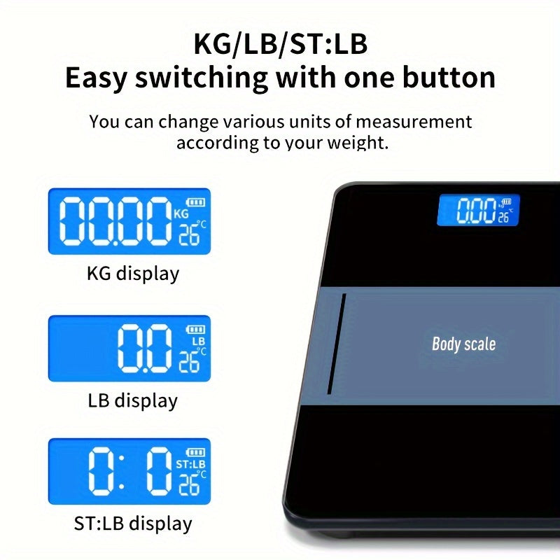 Báscula digital de baño con termómetro, pantalla LCD iluminada, esquinas redondeadas, capacidad de 181.44 KG
