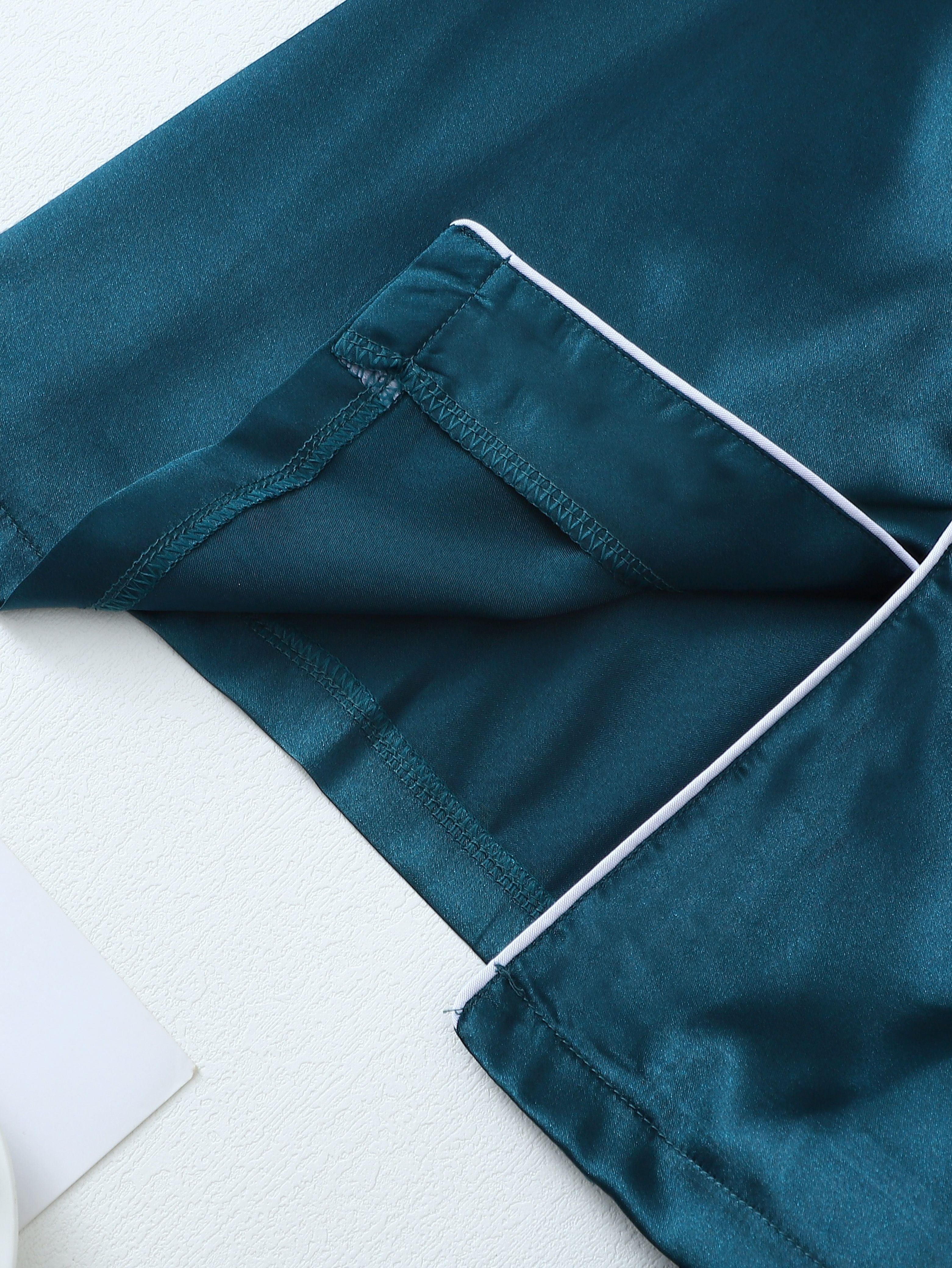 Conjunto de pijama de satén para hombre, manga larga, de color sólido, casual, con botones, para otoño e invierno