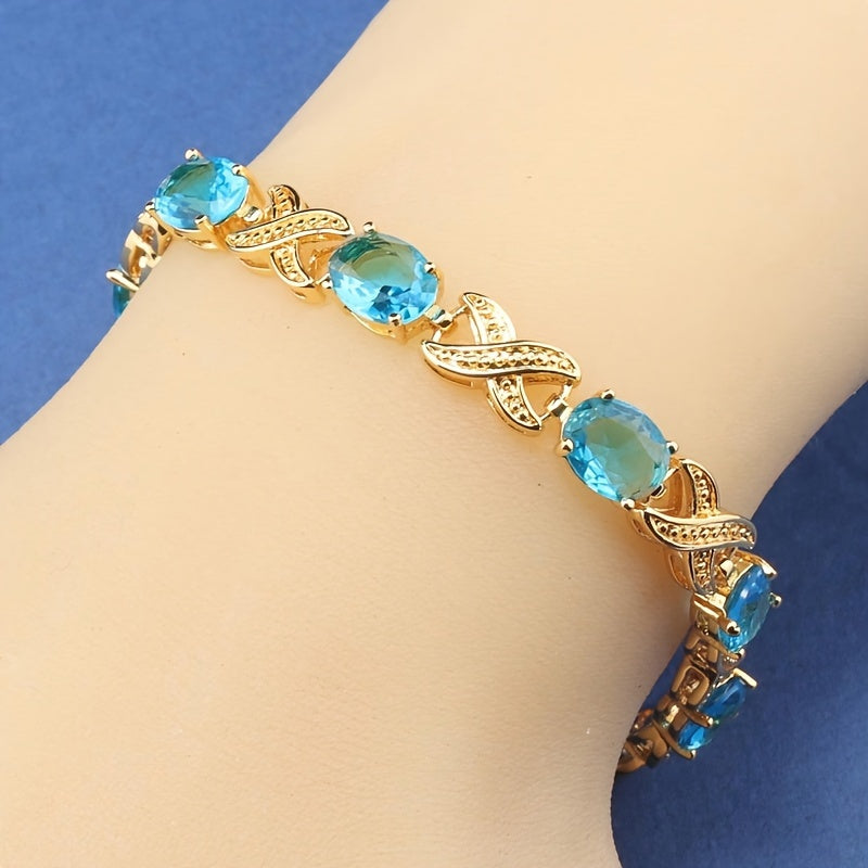 Klassik tennis bilaguzuk, 18K oltin qoplamada rang-barang sintetik kubik zirkonlar bilan, nafis mis zanjir bilan. Ushbu ayollar uchun moda zargarlik buyumi, mukammal 14-fevral yoki bayram sovg'asi bo'ladi. Uslub: Oddiy va abadiy.