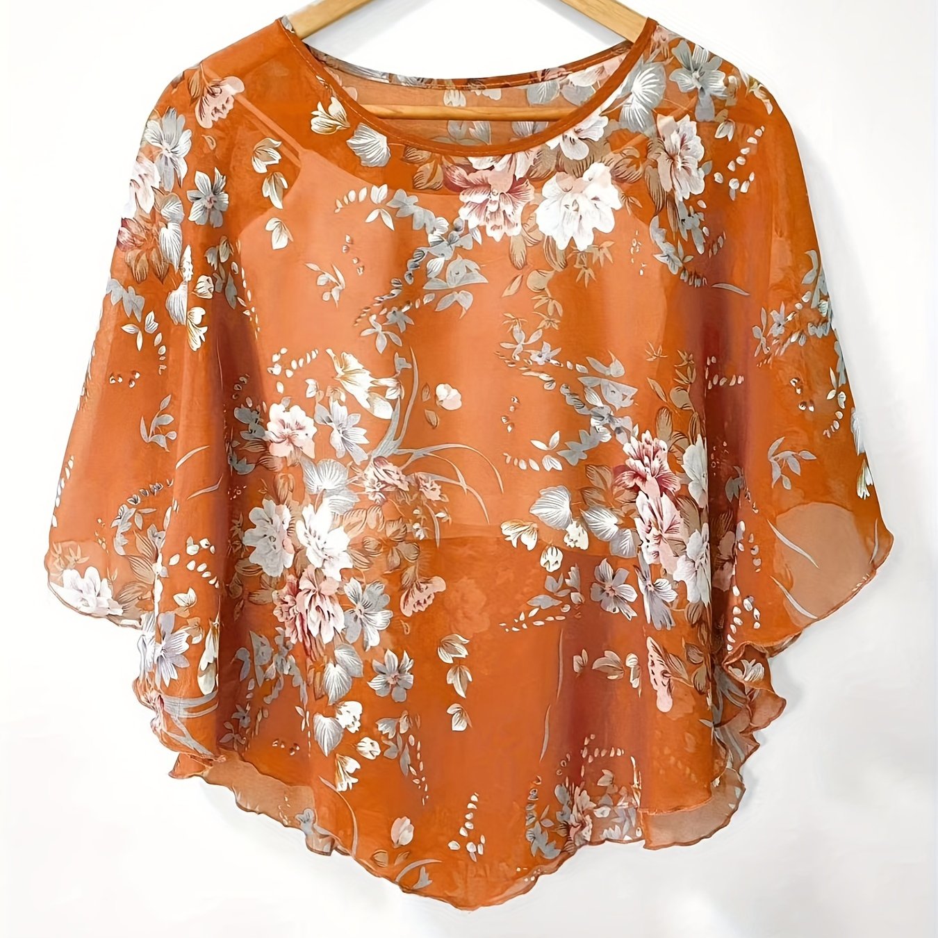 Floral Print Asymmetrical Blouse for Women Sheer Sleeves Sun Protection Beachwear