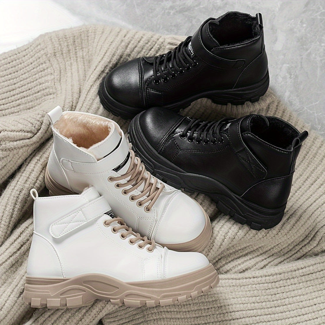 Women's Plush-Lined Winter Ankle Boots with Rubber Sole and Adjustable Straps