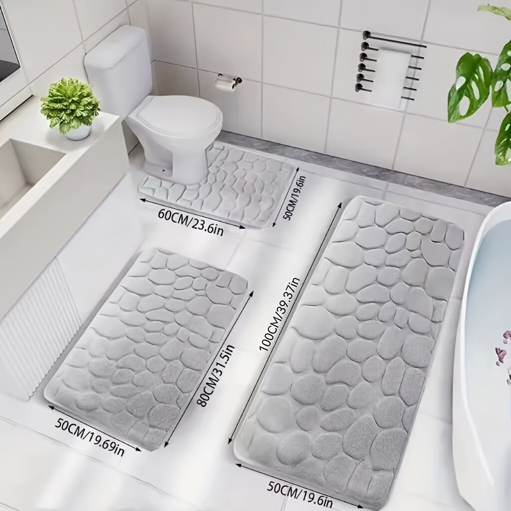 3-Piece Coral Fleece Bath Mat Set Non-Slip Geometric Pattern Machine Washable Bathroom Kitchen