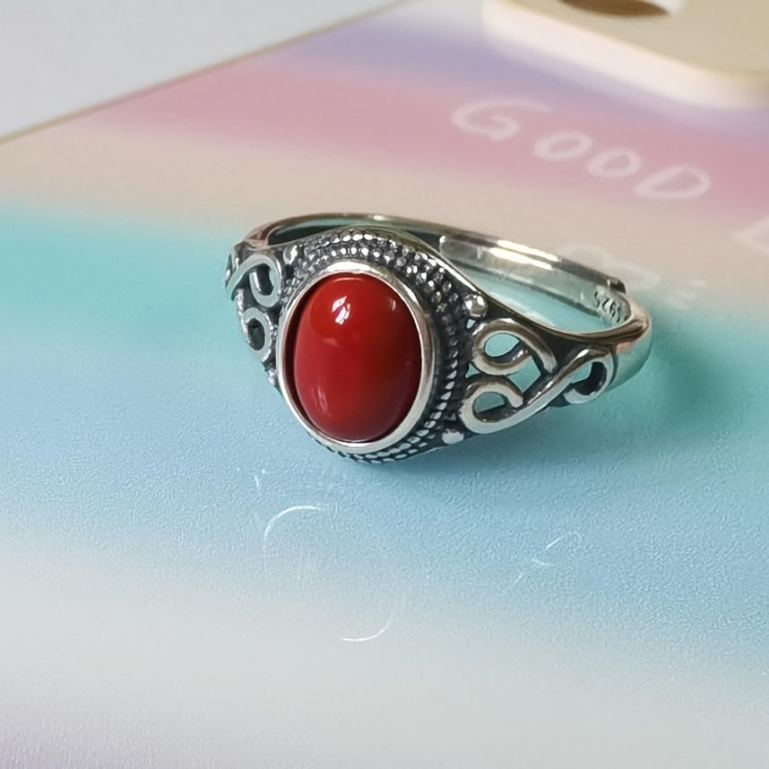 Women's Ring Retro Ethnic Style Silver Inlay Red Coral Stone Gift