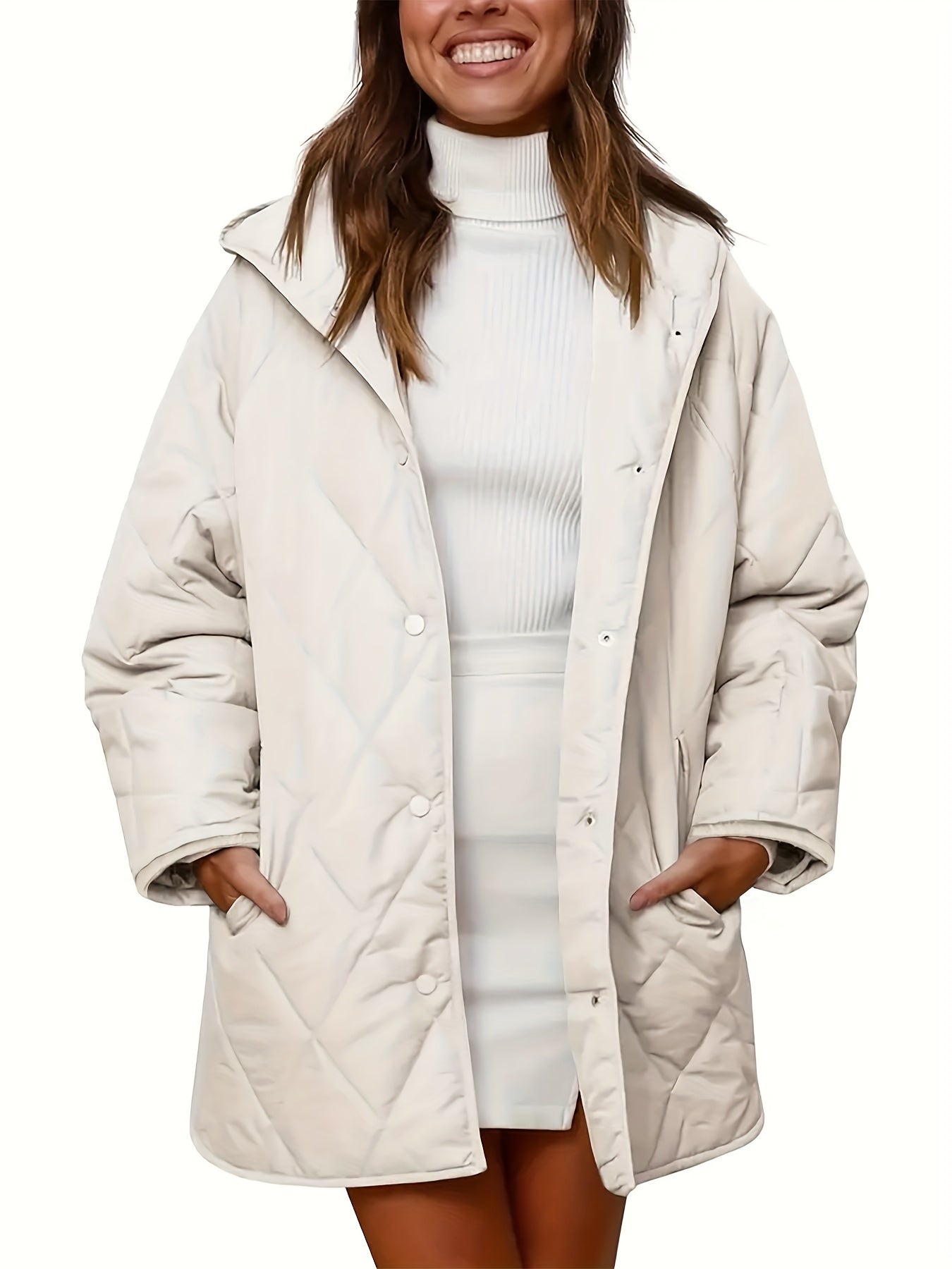 Abrigo de invierno para mujer talla plus con capucha, manga larga, patrón de cuadrícula de rombos, poliéster