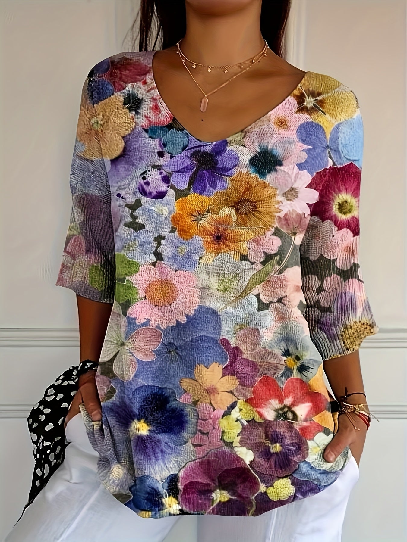 Women's Floral V-Neck Top Medium Sleeve Pullover Plus Size for Spring Summer Fall