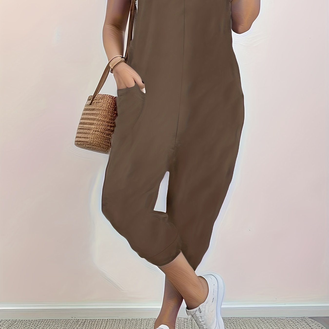 Mono sin mangas de talla grande para mujer con escote en V y bolsillos, ligero y transpirable, de color sólido