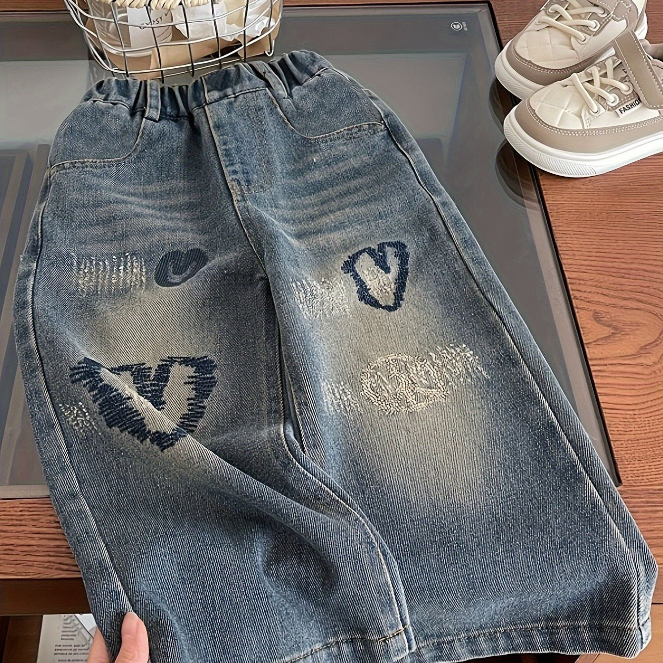 Kids Denim Jeans Wide Leg Cotton Polyester Heart Embroidery Casual All-Season