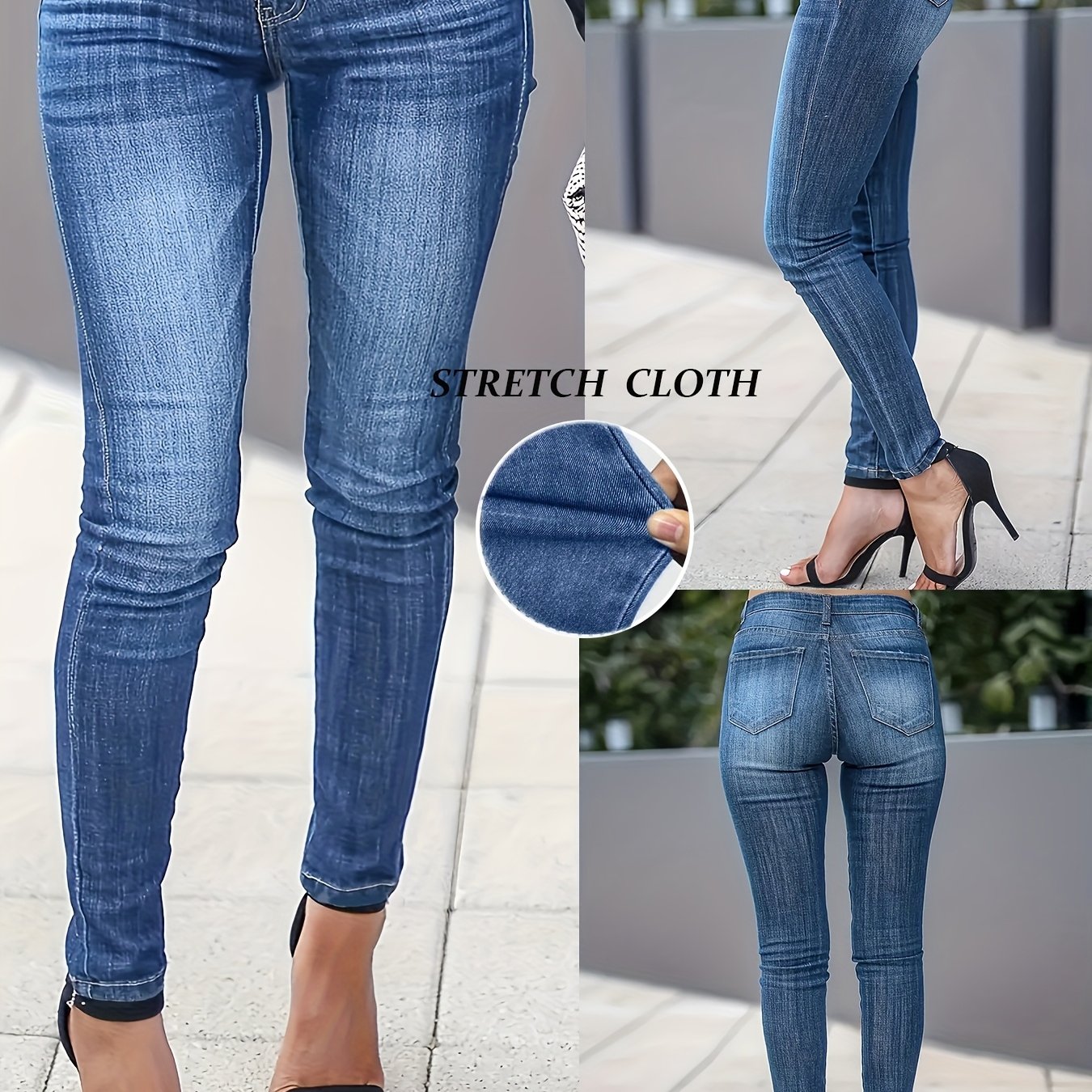 Ayollar uchun ko'k elastik denim skinny jinslar Water Wave Wash