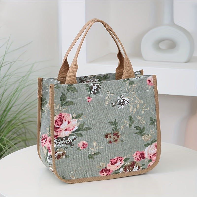 Insulated Canvas Lunch Bag with Floral Print, Large Capacity, Reusable