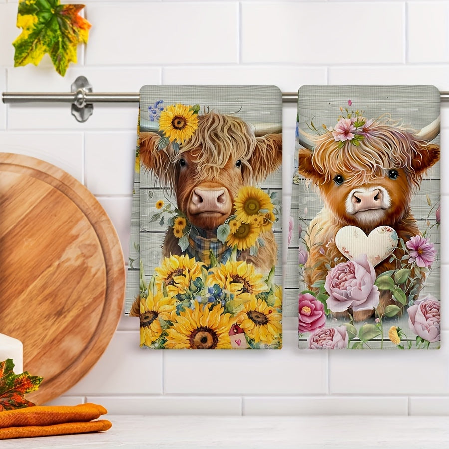Set of Two Colorful Sunflower Cow Pattern Kitchen Towels for Farmhouse Style Kitchen or Bathroom