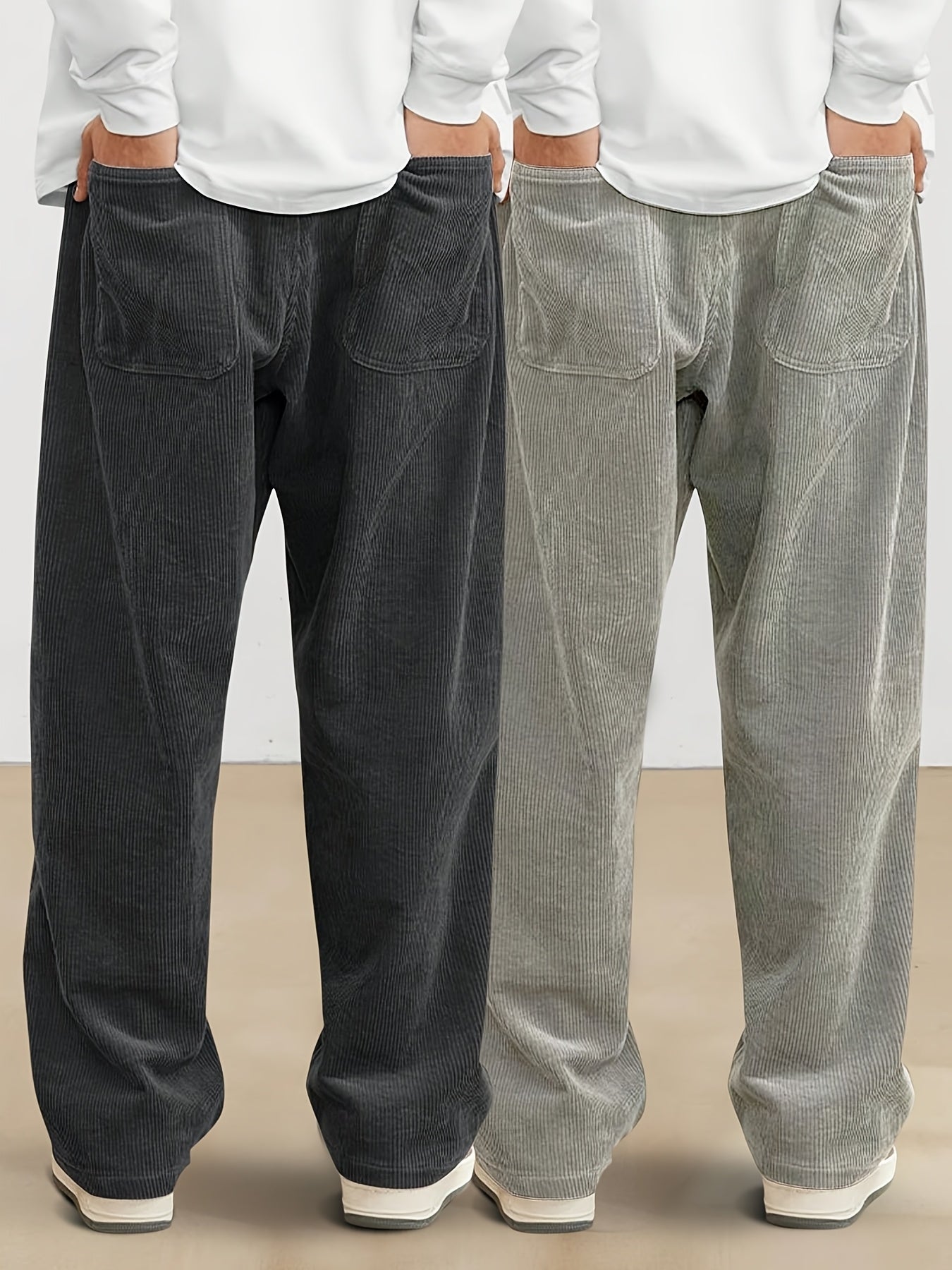 Unisex Mid-Waist Straight Leg Pants 2-Pack Casual Polyester Corduroy Loose Fit