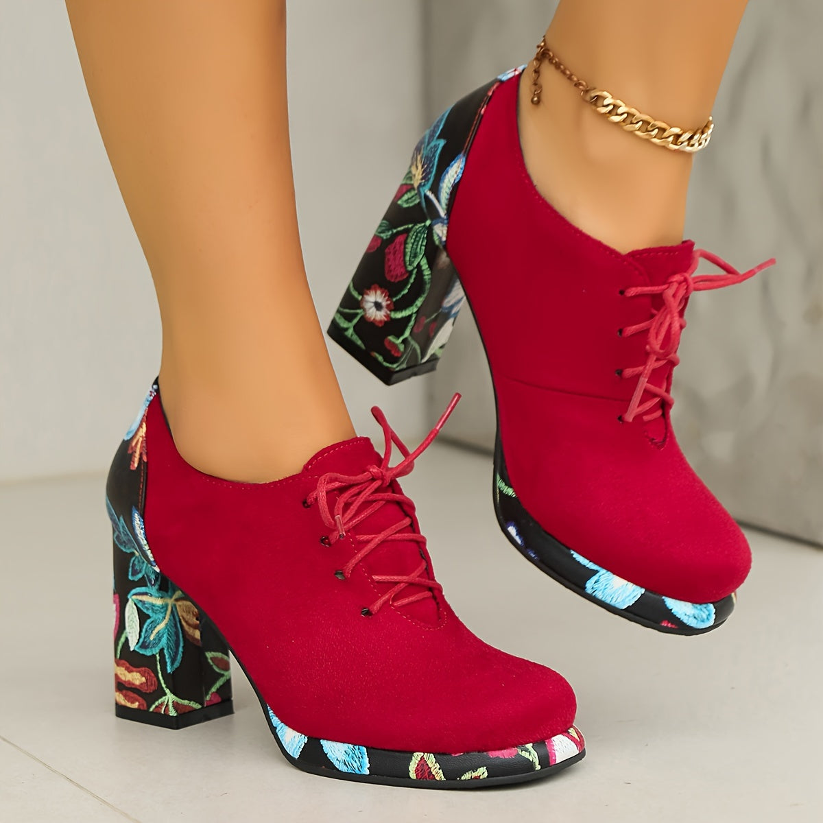 Women's Ankle Boots Fabric Platform Lace-Up Chunky Heel Black Floral Navy Red