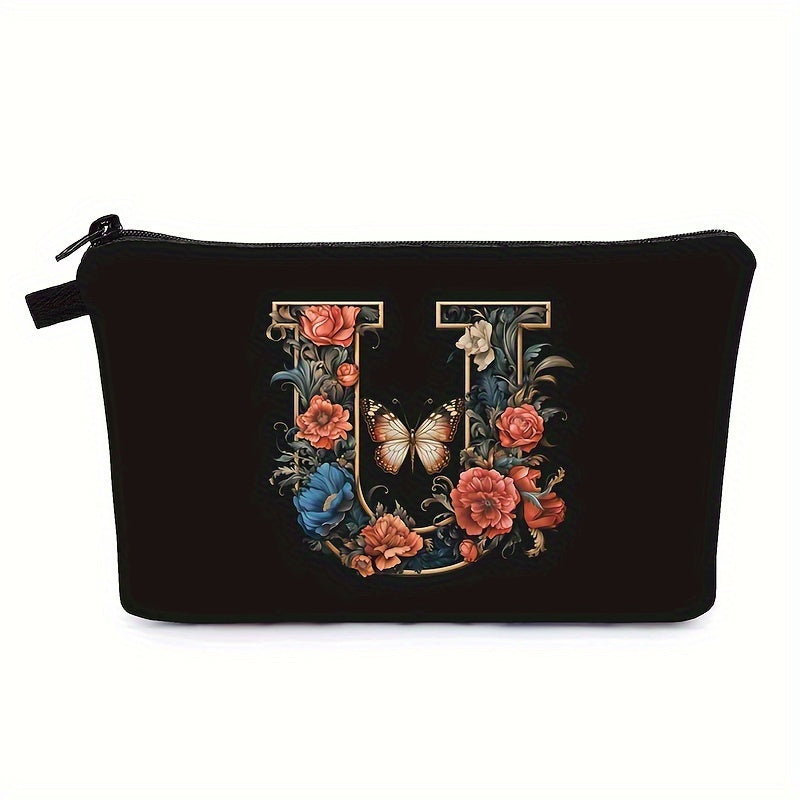 Bolsa de maquillaje negra para mujer con patrón de mariposas y flores para organizar los esenciales de belleza