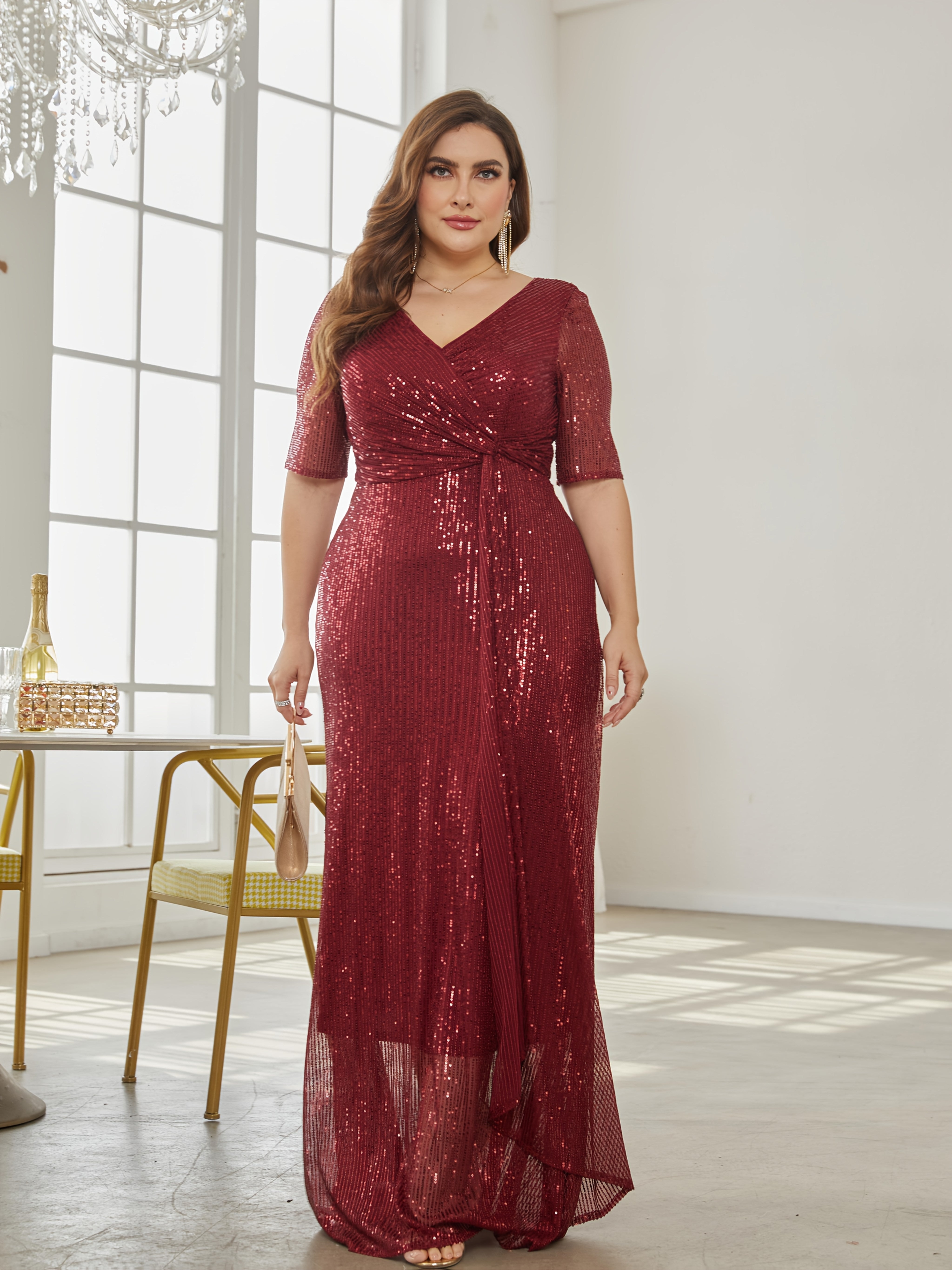 Plus Size Sequin Long Skirt Solid Color Party Dress for Women