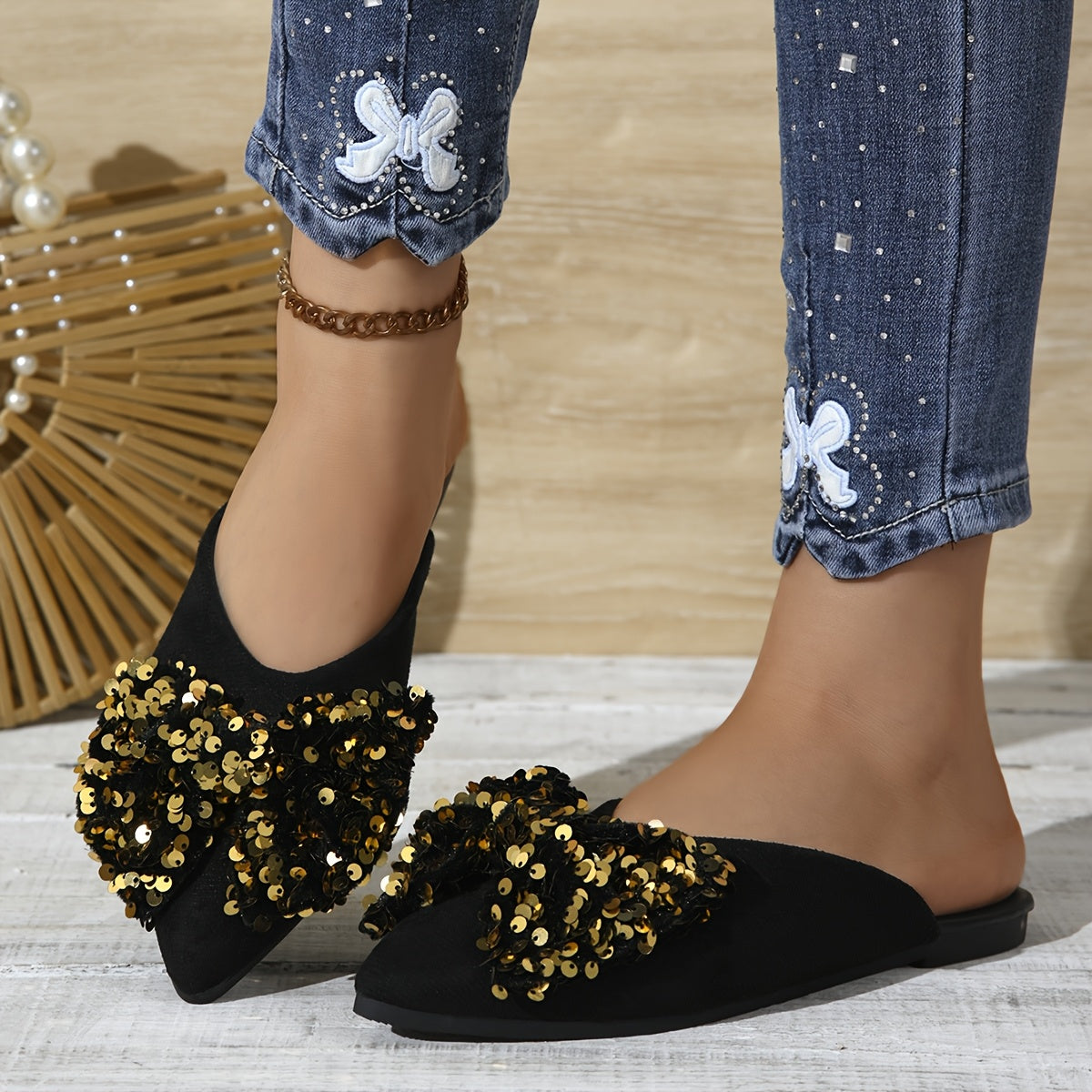 Zapatos planos de punta con lazo para mujer con parte superior de tela y suela de goma